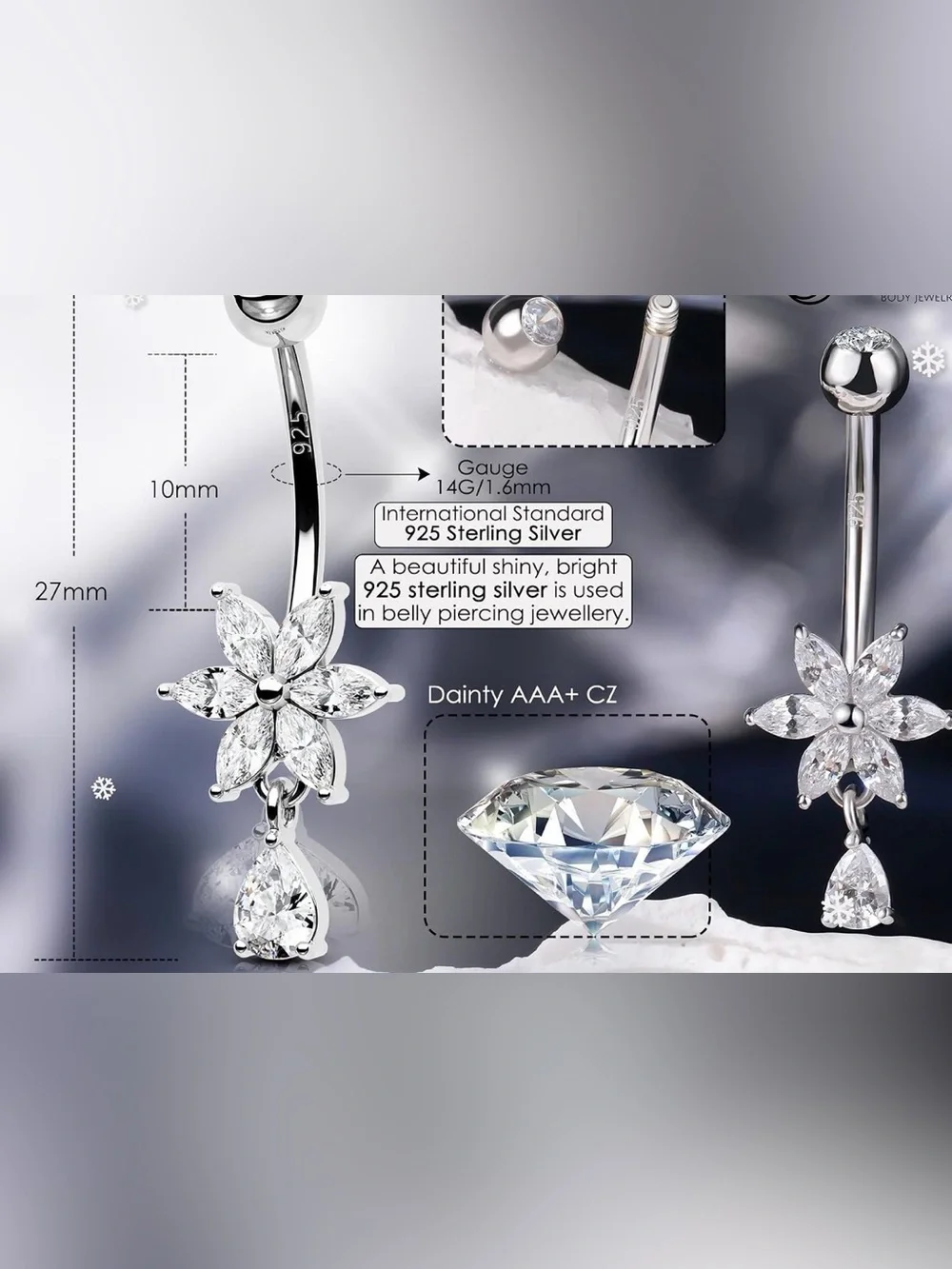 Belly ring piercing 925 silver floral